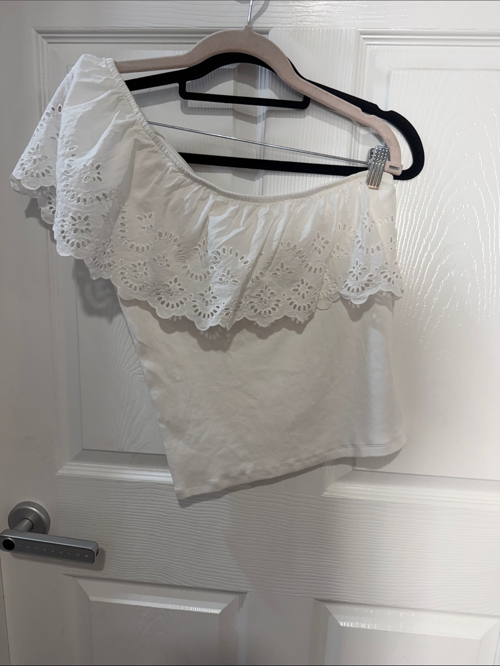 Old Navy White One-Shoulder Eyelet Ruffle Crop Top